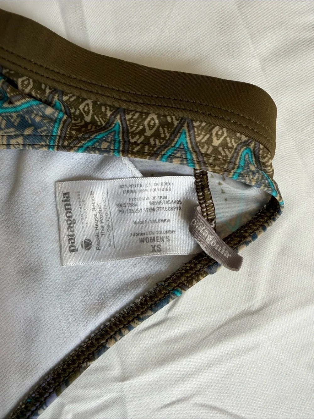 Patagonia Printed Racerback Sports Bra in Olive, Teal & Blue